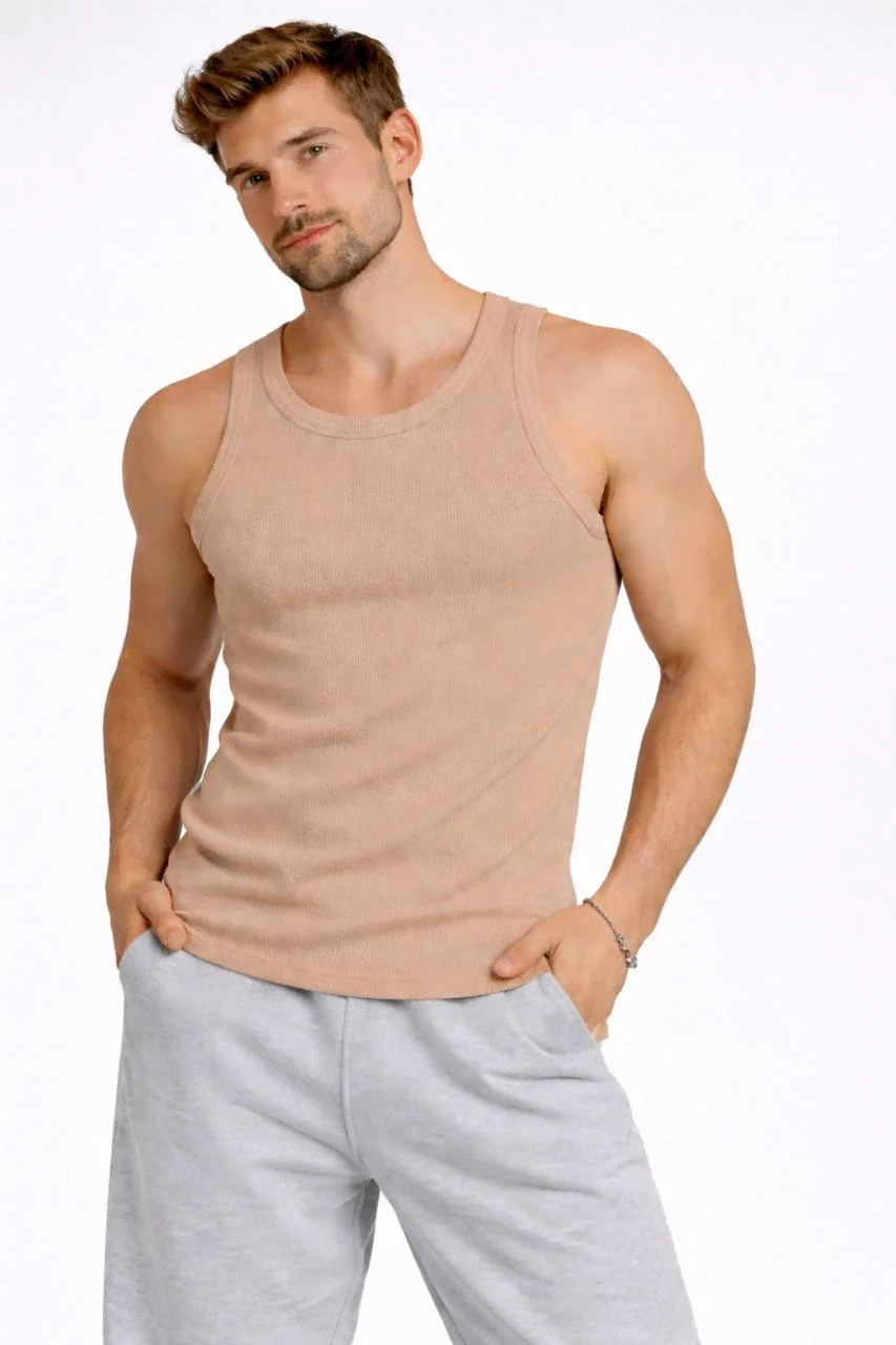 Erkek Spor Fitilli Atlet 3'lü Set Beyaz, Kırmızı ve Kahverengi Slim Fit Kaşkorse Arka Baskılı Spor Atlet - Görsel 5