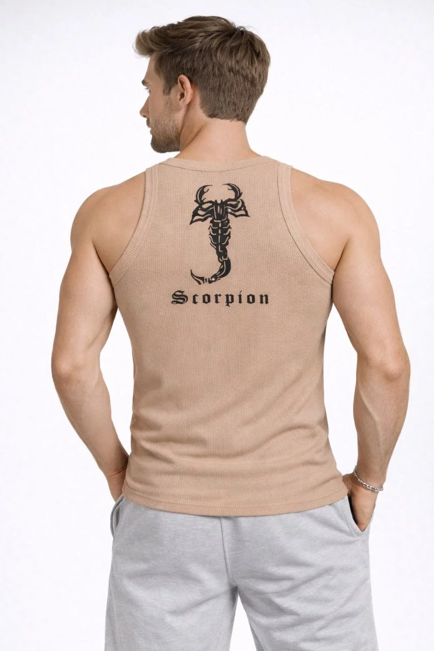 Erkek Spor Fitilli Atlet 3'lü Set Beyaz, Kırmızı ve Kahverengi Slim Fit Kaşkorse Arka Baskılı Spor Atlet - Görsel 4