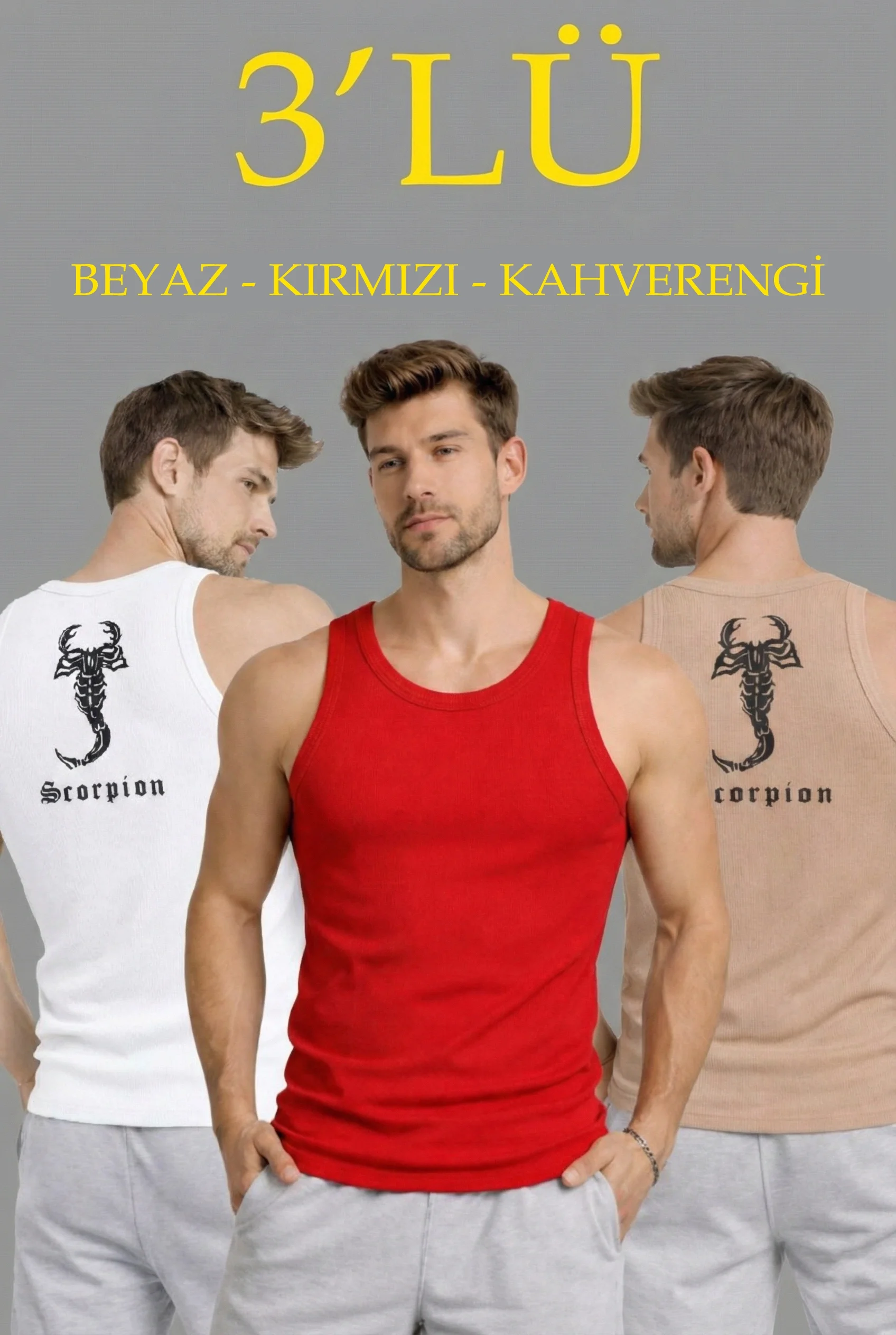 Erkek Spor Fitilli Atlet 3'lü Set Beyaz, Kırmızı ve Kahverengi Slim Fit Kaşkorse Arka Baskılı Spor Atlet