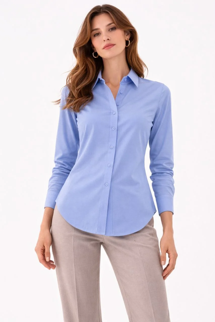 Kadın Uzun Kollu Gömlek Düğmeli Klasik Yaka Günlük ve Ofis Şıklığına uygun - Mavi - Görsel 4