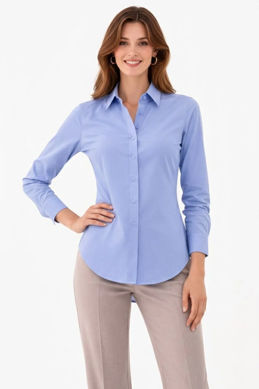 Kadın Uzun Kollu Gömlek Düğmeli Klasik Yaka Günlük ve Ofis Şıklığına uygun - Mavi - Görsel 3