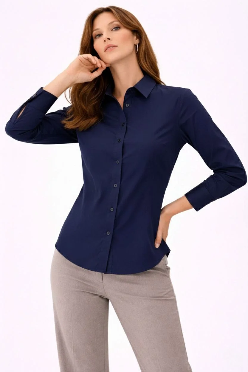 Kadın Uzun Kollu Gömlek Düğmeli Klasik Yaka Günlük ve Ofis Şıklığına uygun - Lacivert - Görsel 4