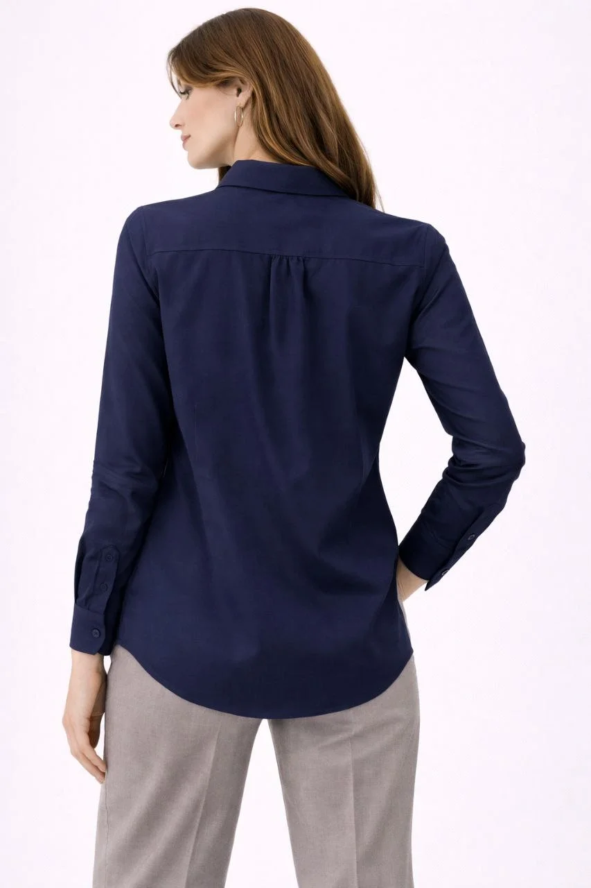 Kadın Uzun Kollu Gömlek Düğmeli Klasik Yaka Günlük ve Ofis Şıklığına uygun - Lacivert - Görsel 5