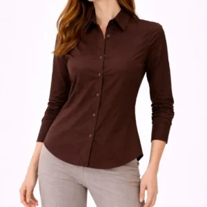 Alternative view of Kadın Uzun Kollu Gömlek Düğmeli Klasik Yaka Günlük ve Ofis Şıklığına uygun - Kahverengi