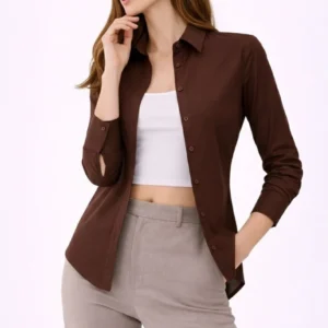 Kadın Uzun Kollu Gömlek Düğmeli Klasik Yaka Günlük ve Ofis Şıklığına uygun - Kahverengi