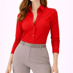 Kadın Uzun Kollu Gömlek Düğmeli Klasik Yaka Günlük ve Ofis Şıklığına uygun - Kırmızı
