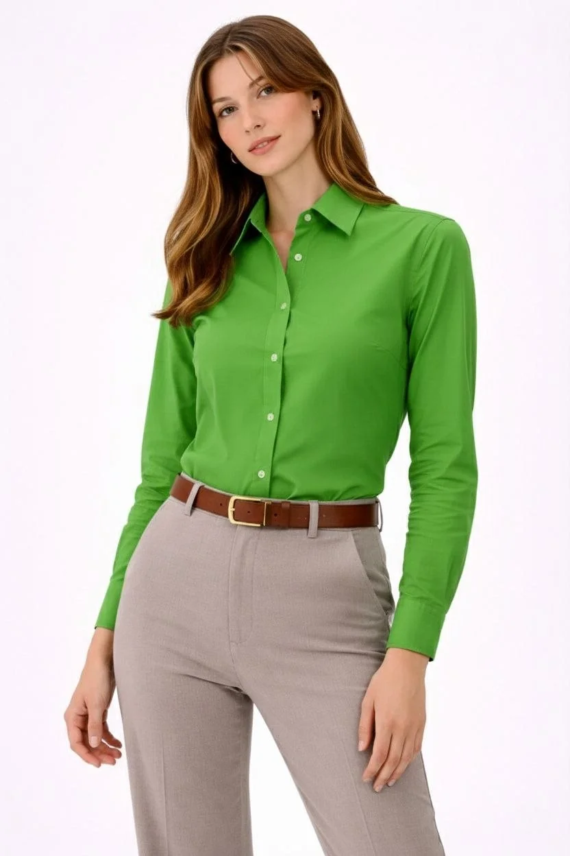 Kadın Uzun Kollu Gömlek Düğmeli Klasik Yaka Günlük ve Ofis Şıklığına uygun - Yeşil - Görsel 4