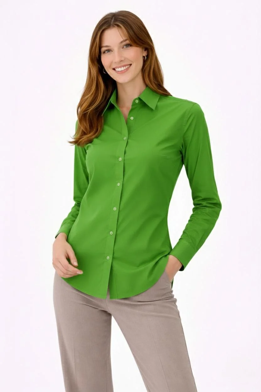 Kadın Uzun Kollu Gömlek Düğmeli Klasik Yaka Günlük ve Ofis Şıklığına uygun - Yeşil - Görsel 2