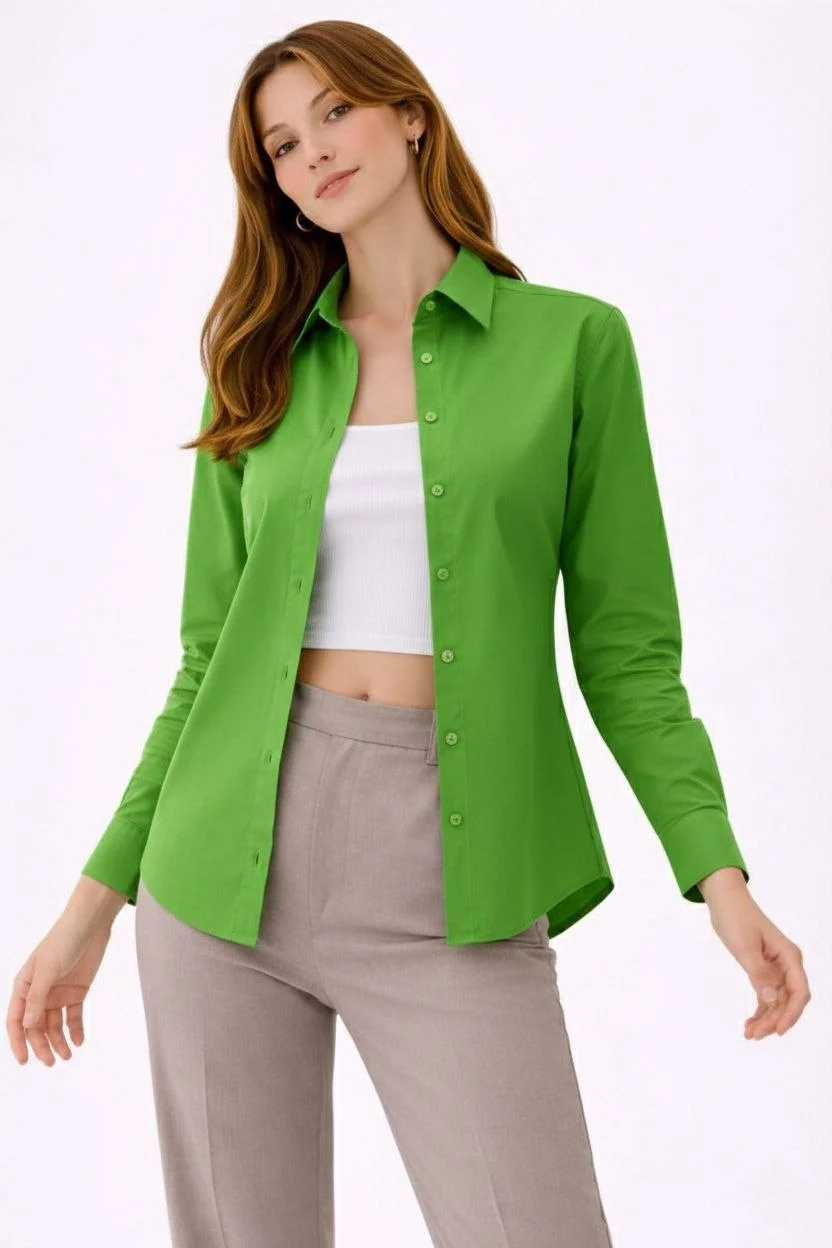 Kadın Uzun Kollu Gömlek Düğmeli Klasik Yaka Günlük ve Ofis Şıklığına uygun - Yeşil - Görsel 5