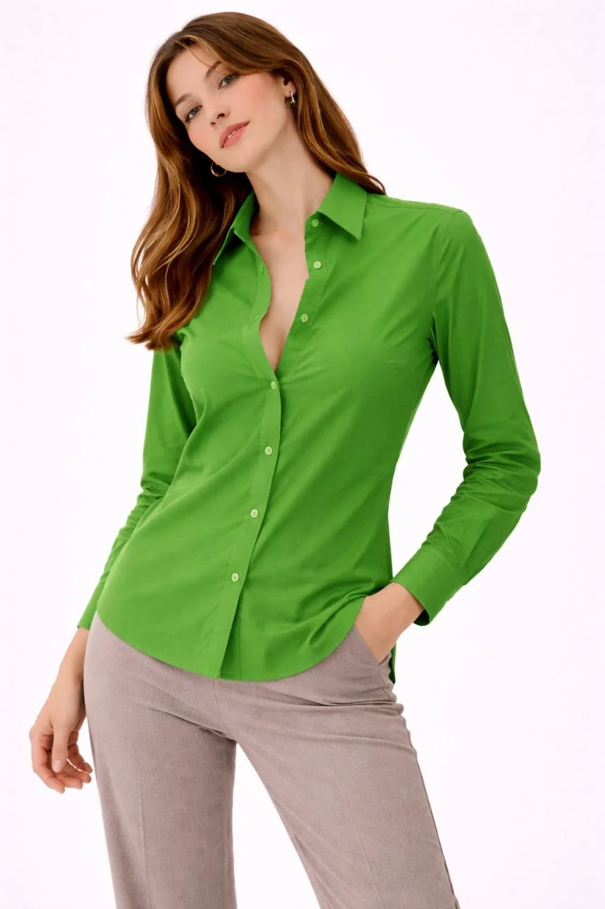 Kadın Uzun Kollu Gömlek Düğmeli Klasik Yaka Günlük ve Ofis Şıklığına uygun - Yeşil - Görsel 6