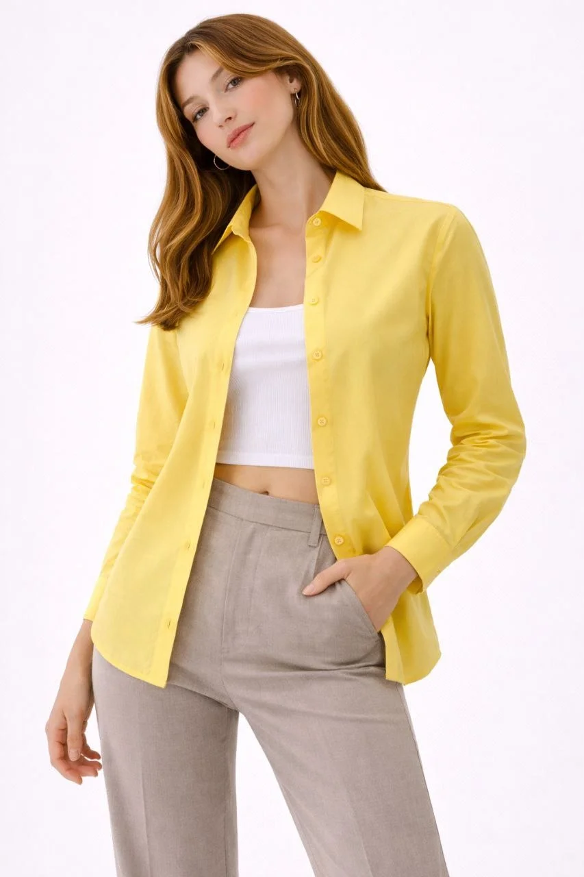 Kadın Uzun Kollu Gömlek Düğmeli Klasik Yaka Günlük ve Ofis Şıklığına uygun - Sarı - Görsel 3