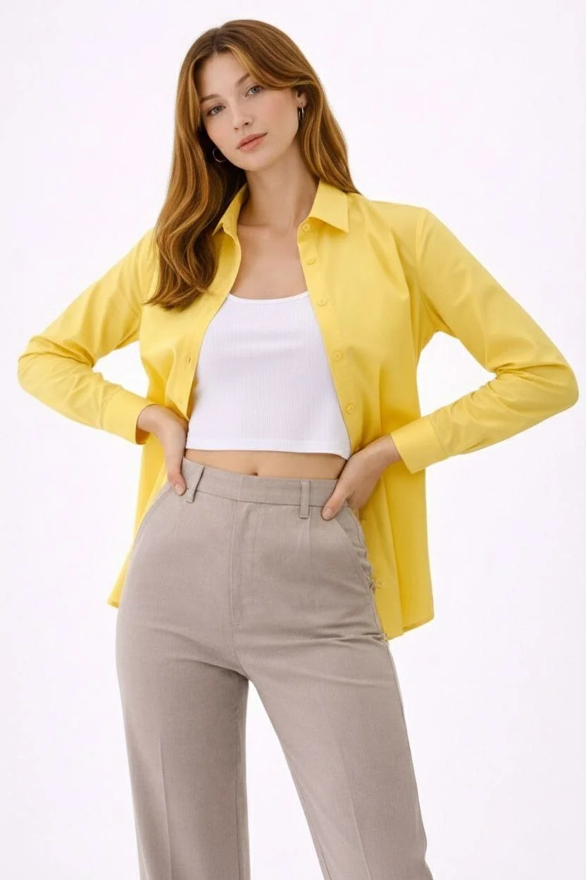 Kadın Uzun Kollu Gömlek Düğmeli Klasik Yaka Günlük ve Ofis Şıklığına uygun - Sarı - Görsel 5