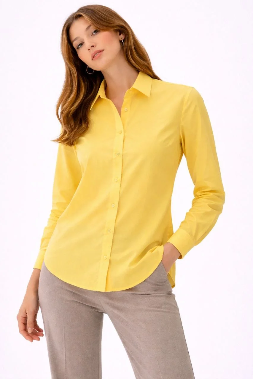 Kadın Uzun Kollu Gömlek Düğmeli Klasik Yaka Günlük ve Ofis Şıklığına uygun - Sarı - Görsel 6