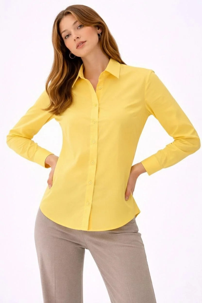 Kadın Uzun Kollu Gömlek Düğmeli Klasik Yaka Günlük ve Ofis Şıklığına uygun - Sarı - Görsel 8