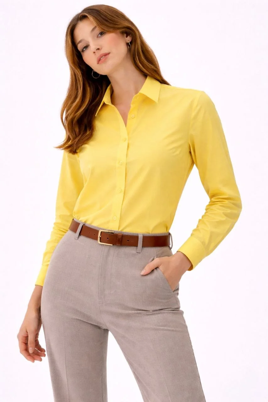 Kadın Uzun Kollu Gömlek Düğmeli Klasik Yaka Günlük ve Ofis Şıklığına uygun - Sarı - Görsel 7