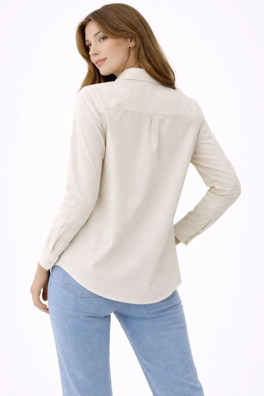 Kadın Uzun Kollu Gömlek Düğmeli Klasik Yaka Günlük ve Ofis Şıklığına uygun - Krem - Görsel 4