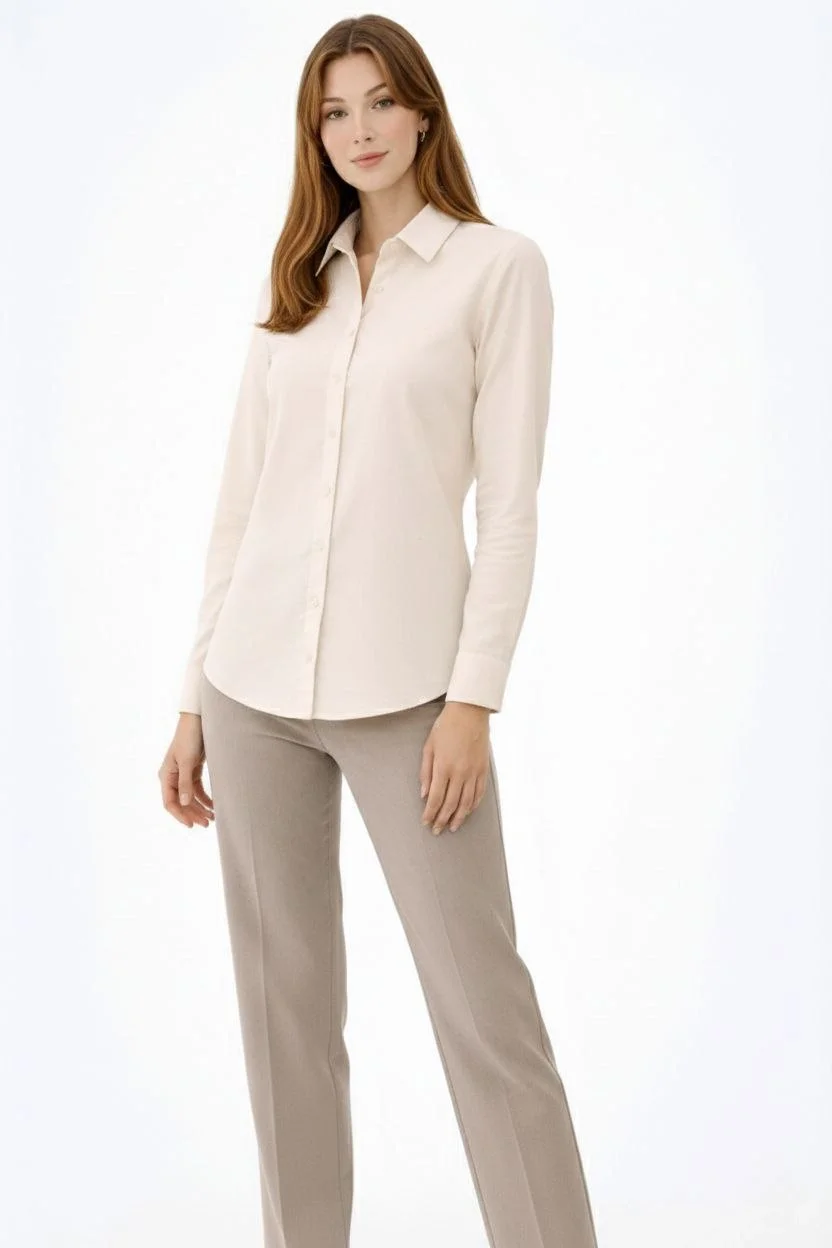 Kadın Uzun Kollu Gömlek Düğmeli Klasik Yaka Günlük ve Ofis Şıklığına uygun - Krem - Görsel 2