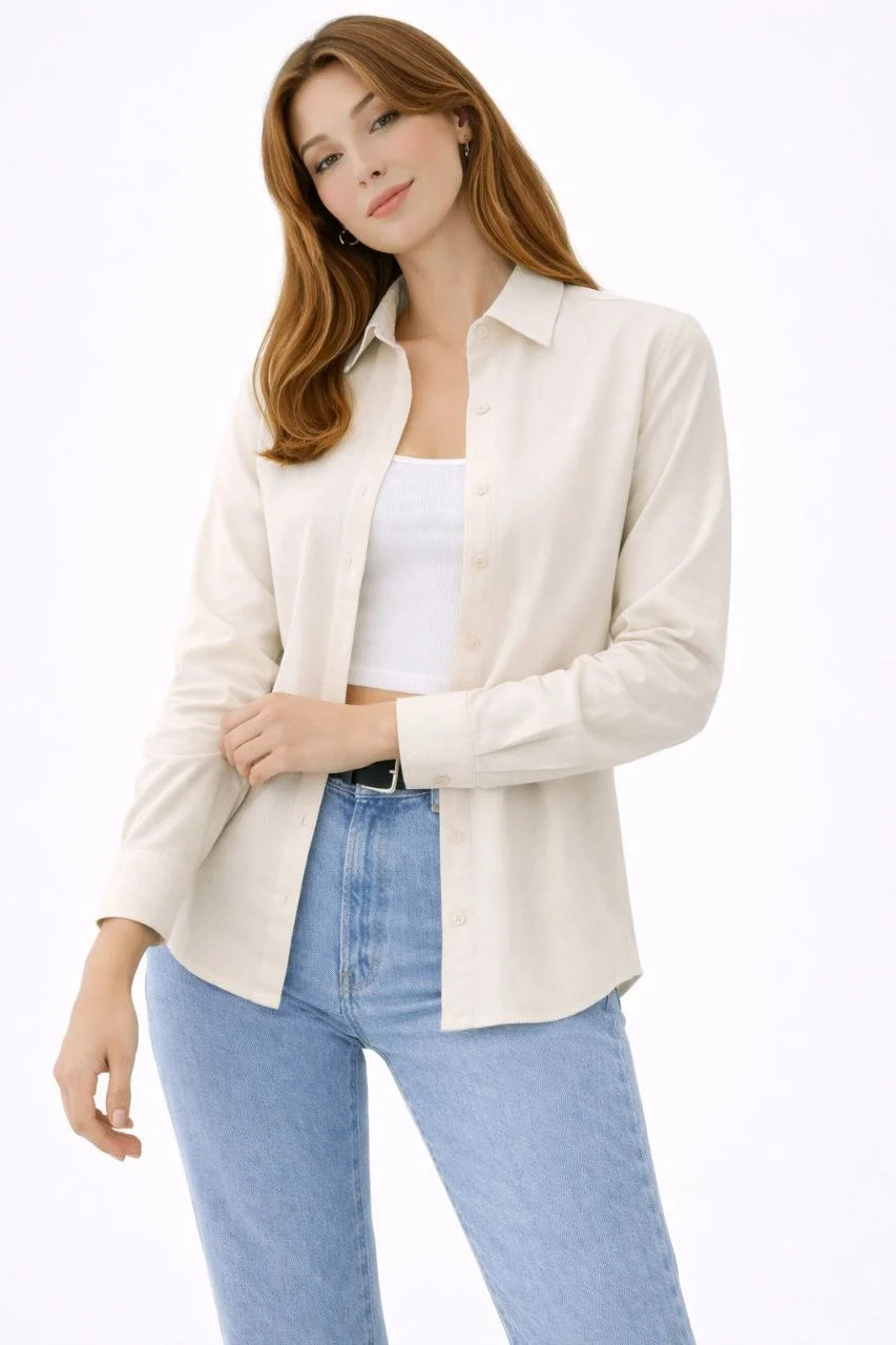 Kadın Uzun Kollu Gömlek Düğmeli Klasik Yaka Günlük ve Ofis Şıklığına uygun - Krem - Görsel 5