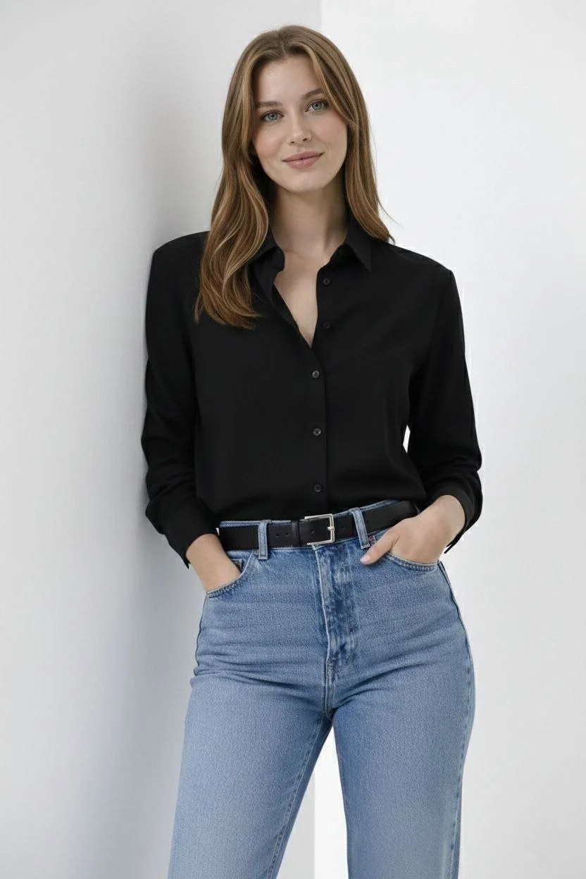 Kadın Uzun Kollu Gömlek Düğmeli Klasik Yaka Günlük ve Ofis Şıklığına uygun - Siyah - Görsel 5