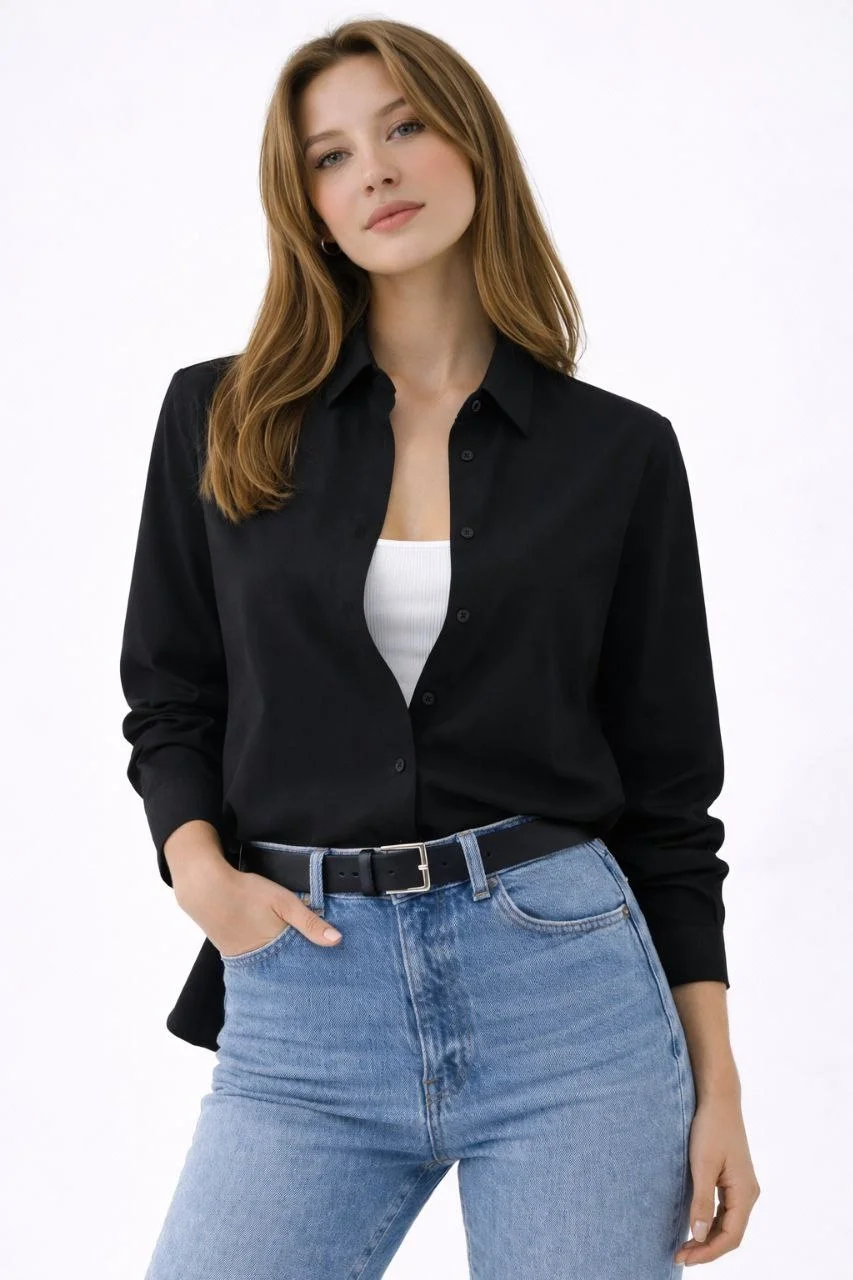 Kadın Uzun Kollu Gömlek Düğmeli Klasik Yaka Günlük ve Ofis Şıklığına uygun - Siyah - Görsel 6