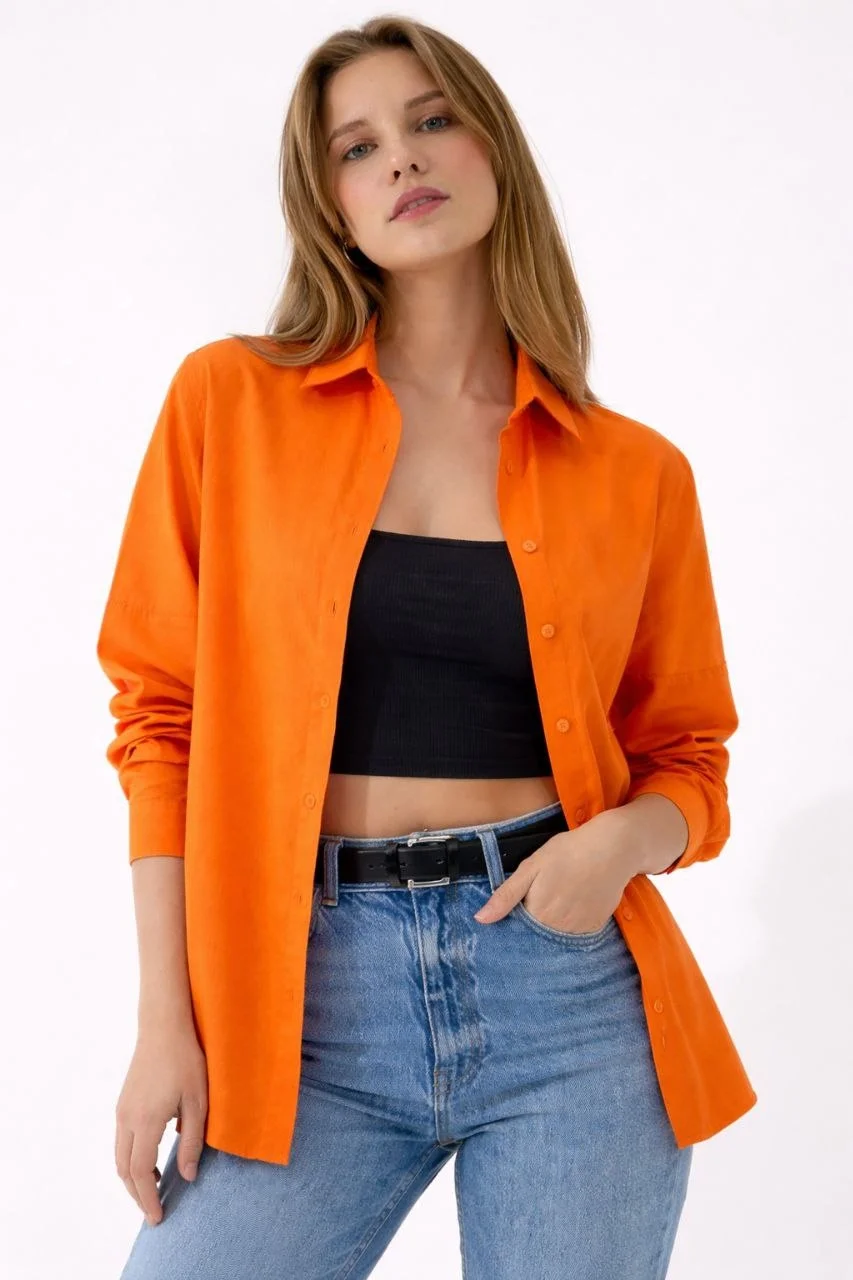 Kadın Uzun Kollu Gömlek Düğmeli Klasik Yaka Günlük ve Ofis Şıklığına uygun - Turuncu - Görsel 5
