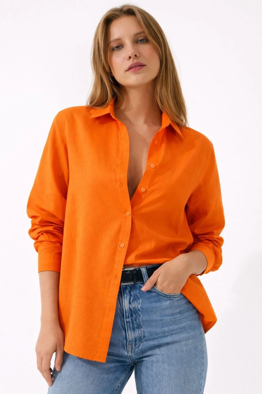 Kadın Uzun Kollu Gömlek Düğmeli Klasik Yaka Günlük ve Ofis Şıklığına uygun - Turuncu