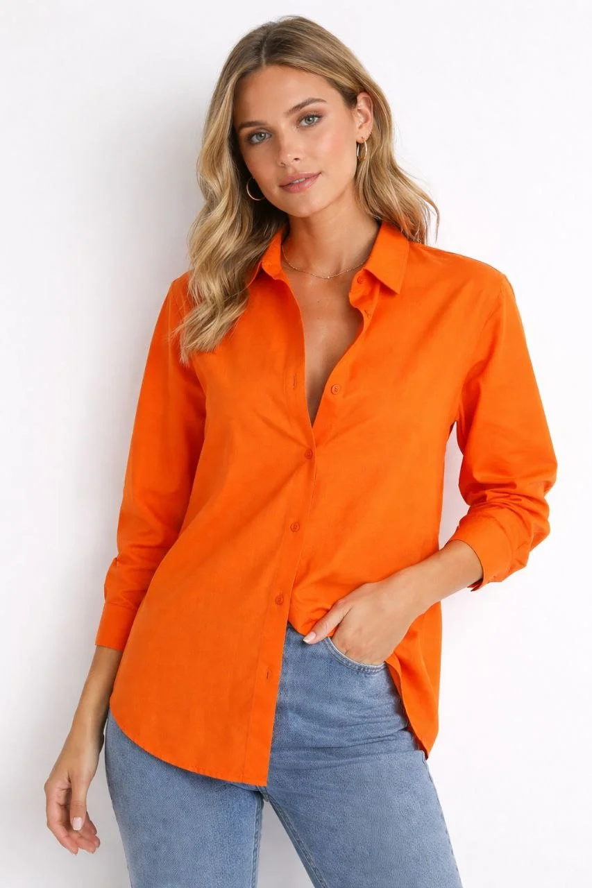 Kadın Uzun Kollu Gömlek Düğmeli Klasik Yaka Günlük ve Ofis Şıklığına uygun - Turuncu - Görsel 3