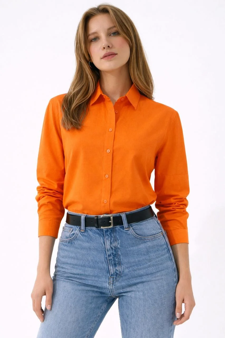 Kadın Uzun Kollu Gömlek Düğmeli Klasik Yaka Günlük ve Ofis Şıklığına uygun - Turuncu - Görsel 2