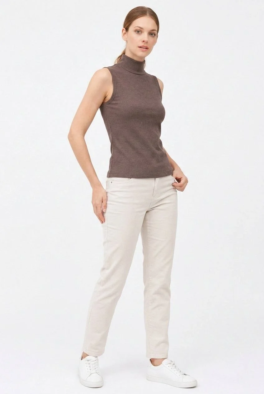 Kadın Yarım Balıkçı Yaka Fitilli Kaşkorse Atlet Basic Şık Bluz Badi - Kahverengi - Görsel 4