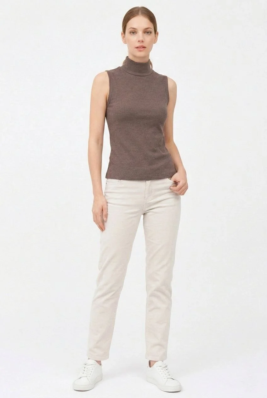 Kadın Yarım Balıkçı Yaka Fitilli Kaşkorse Atlet Basic Şık Bluz Badi - Kahverengi - Görsel 3