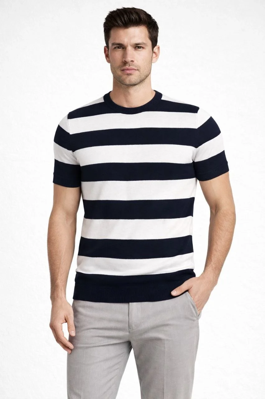 Erkek T-shirt Çizgili Triko Dokuma Bisiklet Yaka Tişört - Siyah