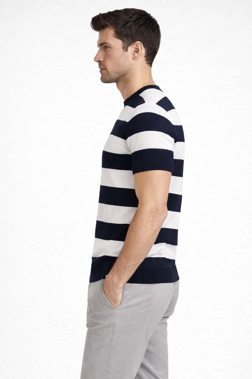 Erkek T-shirt Çizgili Triko Dokuma Bisiklet Yaka Tişört - Siyah - Görsel 2