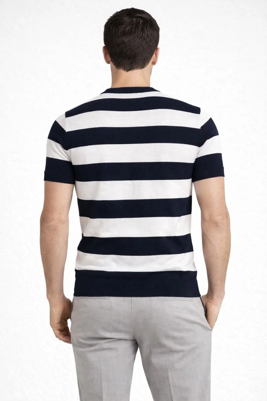 Erkek T-shirt Çizgili Triko Dokuma Bisiklet Yaka Tişört - Siyah - Görsel 4