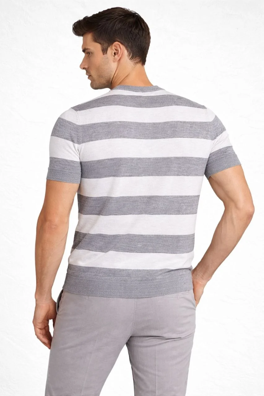 Erkek T-shirt Çizgili Triko Dokuma Bisiklet Yaka Tişört - Gri - Görsel 2