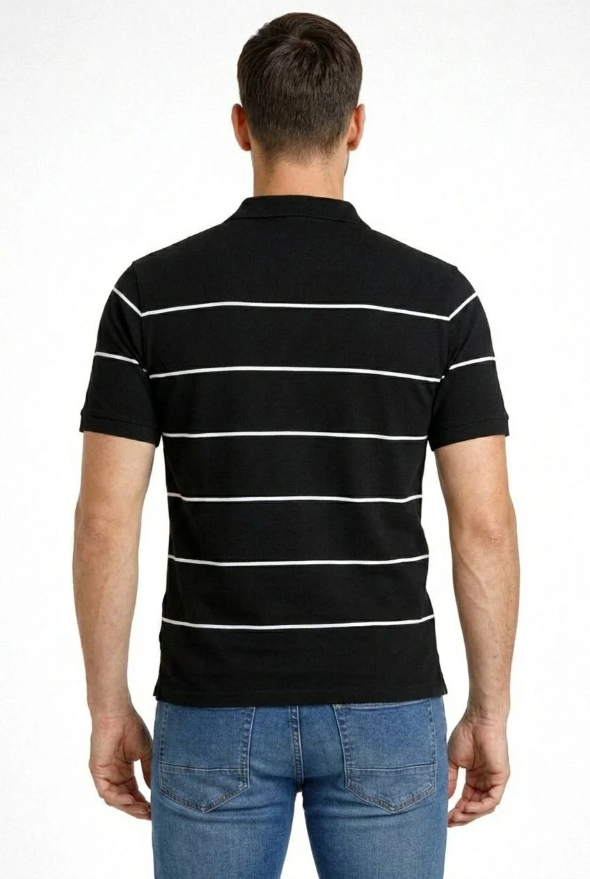 Erkek T-shirt Çizgili Triko Dokuma Kumaş Polo Yaka Yarım Fermuarlı Regular Kalıp Tişört - Siyah - Görsel 2