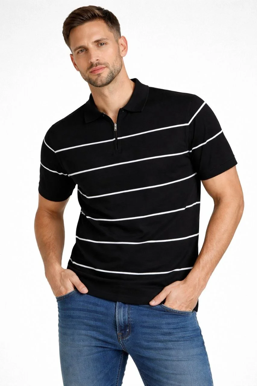 Erkek T-shirt Çizgili Triko Dokuma Kumaş Polo Yaka Yarım Fermuarlı Regular Kalıp Tişört - Siyah - Görsel 3