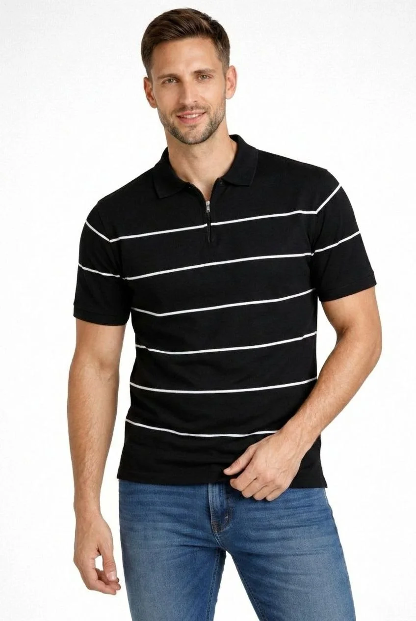 Erkek T-shirt Çizgili Triko Dokuma Kumaş Polo Yaka Yarım Fermuarlı Regular Kalıp Tişört - Siyah - Görsel 4