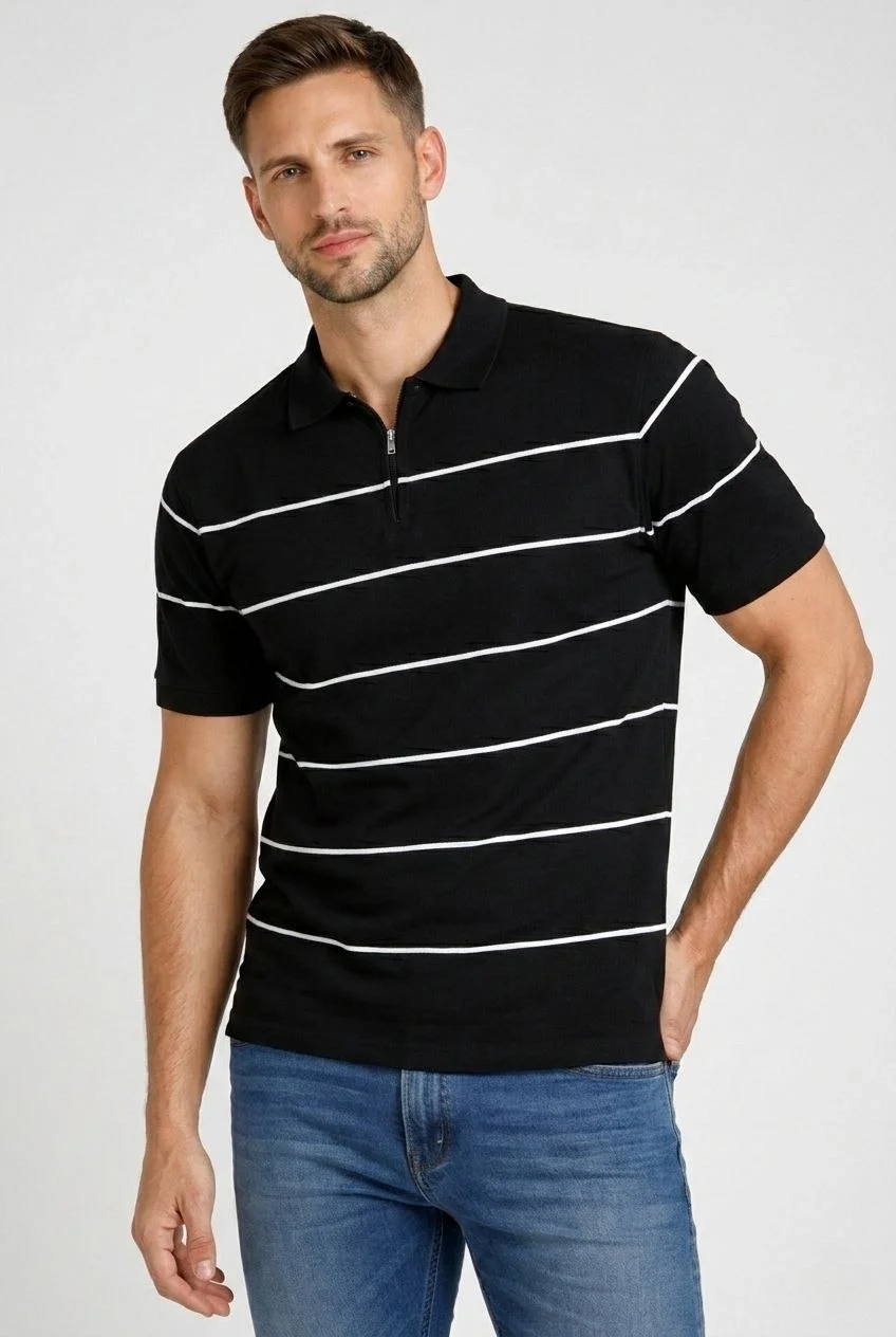 Erkek T-shirt Çizgili Triko Dokuma Kumaş Polo Yaka Yarım Fermuarlı Regular Kalıp Tişört - Siyah