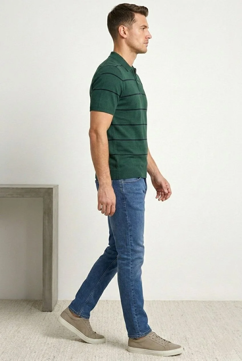 Erkek T-shirt Çizgili Triko Dokuma Kumaş Polo Yaka Yarım Fermuarlı Regular Kalıp Tişört - Çağla Yeşili - Görsel 2