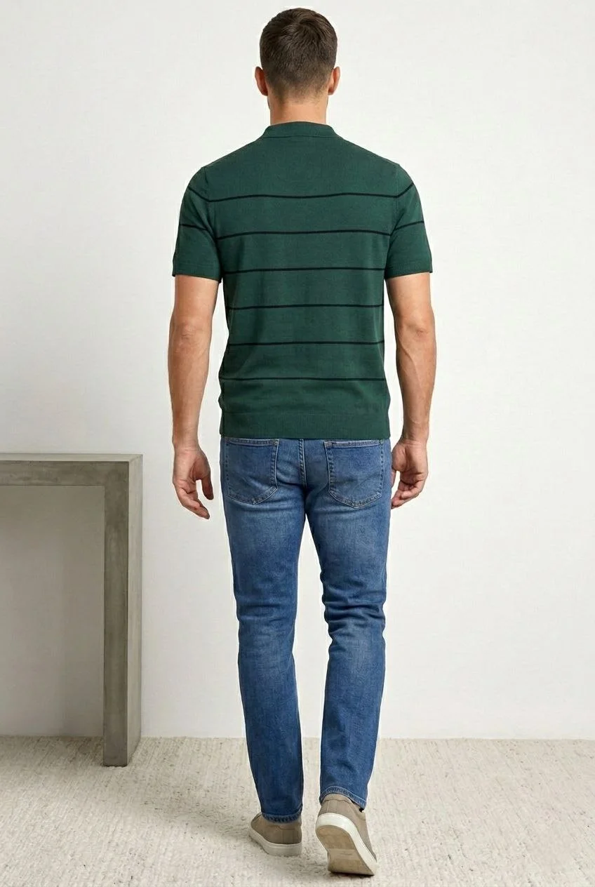 Erkek T-shirt Çizgili Triko Dokuma Kumaş Polo Yaka Yarım Fermuarlı Regular Kalıp Tişört - Çağla Yeşili - Görsel 3