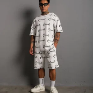 Erkek Baskılı İkili Şortlu Takım - Beyaz