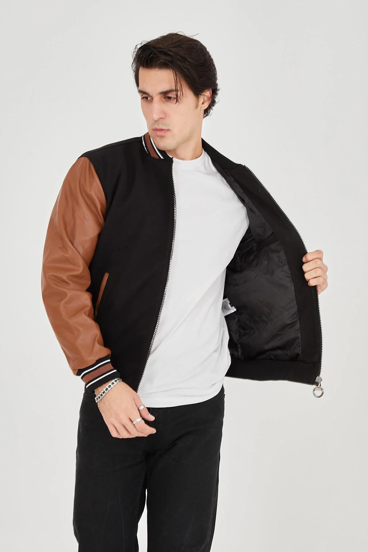 Erkek İçten Elyaf ve Astarlı Kolları Suni Deri Ceket - Kahverengi - Görsel 2