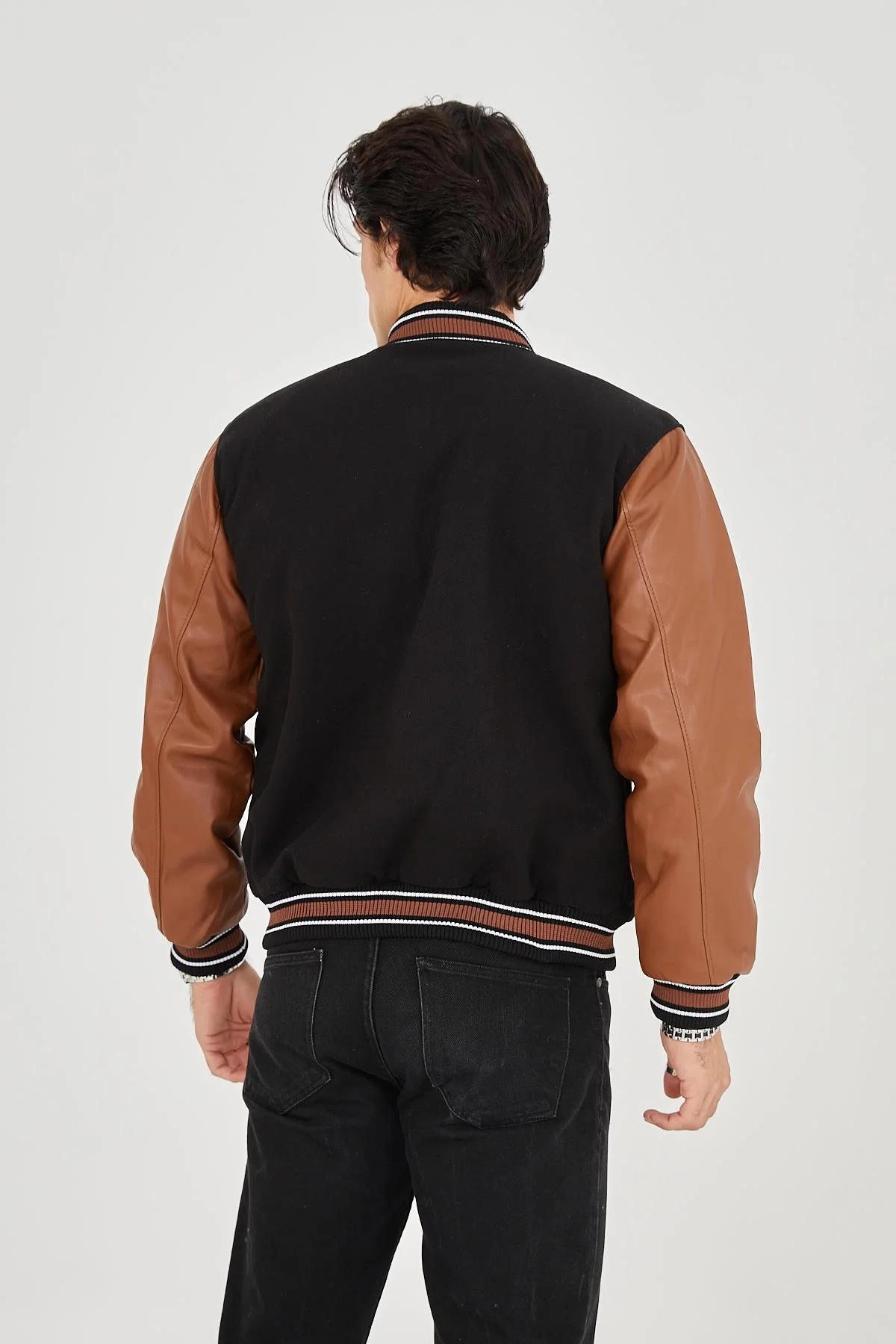 Erkek İçten Elyaf ve Astarlı Kolları Suni Deri Ceket - Kahverengi - Görsel 4