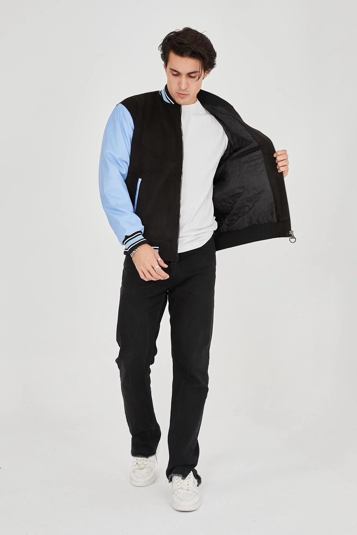 Erkek İçten Elyaf ve Astarlı Kolları Suni Deri Ceket - Mavi - Görsel 3