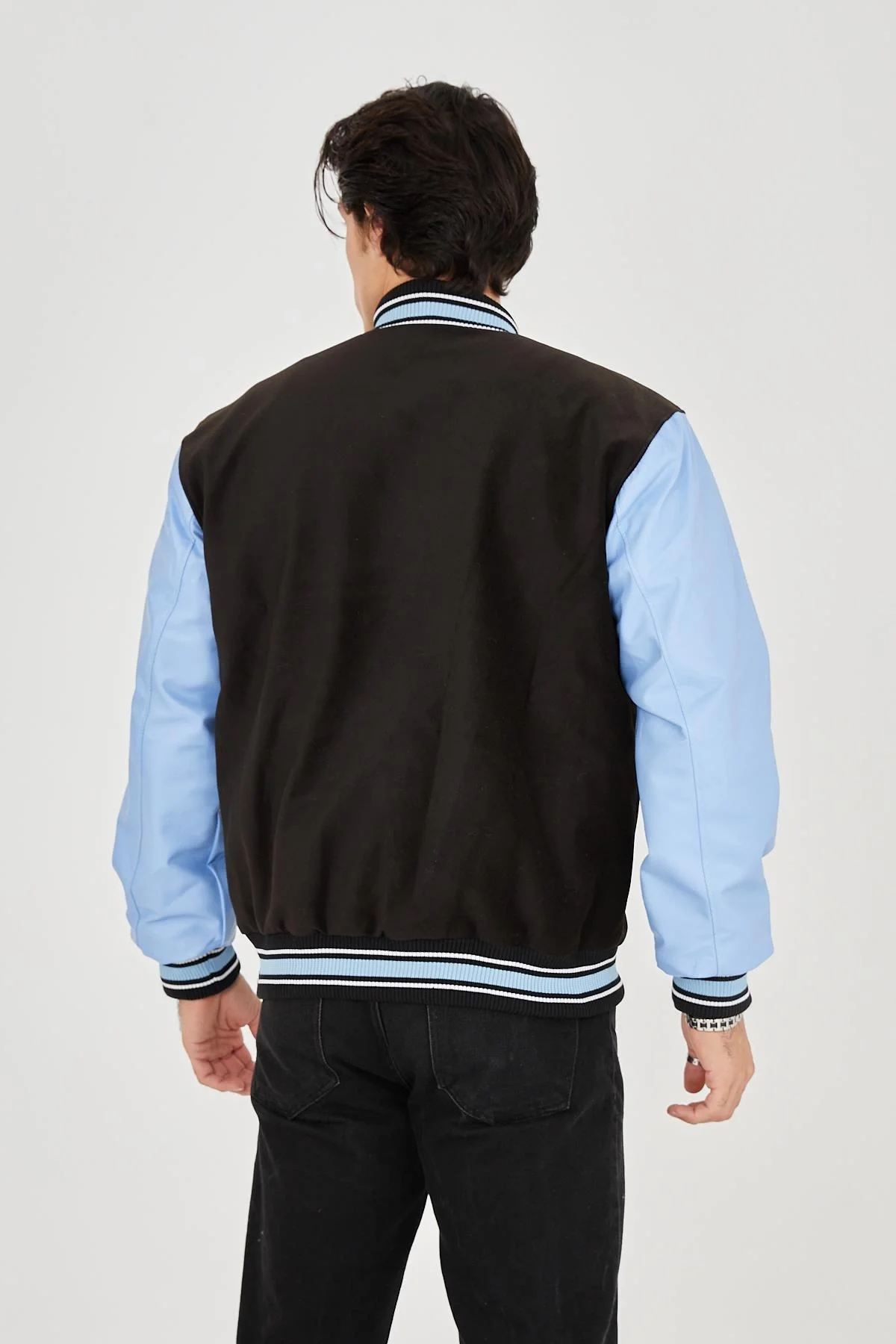 Erkek İçten Elyaf ve Astarlı Kolları Suni Deri Ceket - Mavi - Görsel 5