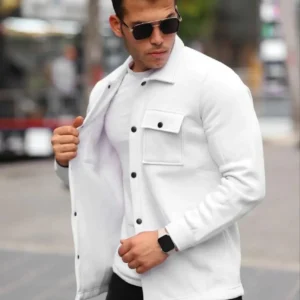 Erkek Üç İplik İçi Pamuklu Çıt Çıtlı Gömlek Ceket - Beyaz