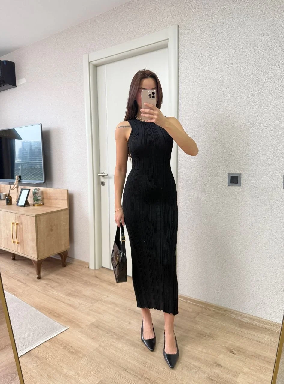 Fitilli Triko Elbise Kolsuz Sırtı Kapalı Maxi Uzun Boy - Siyah - Görsel 6