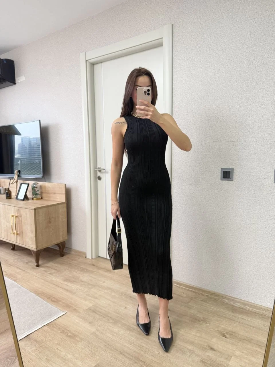 Fitilli Triko Elbise Kolsuz Sırtı Kapalı Maxi Uzun Boy - Siyah - Görsel 3