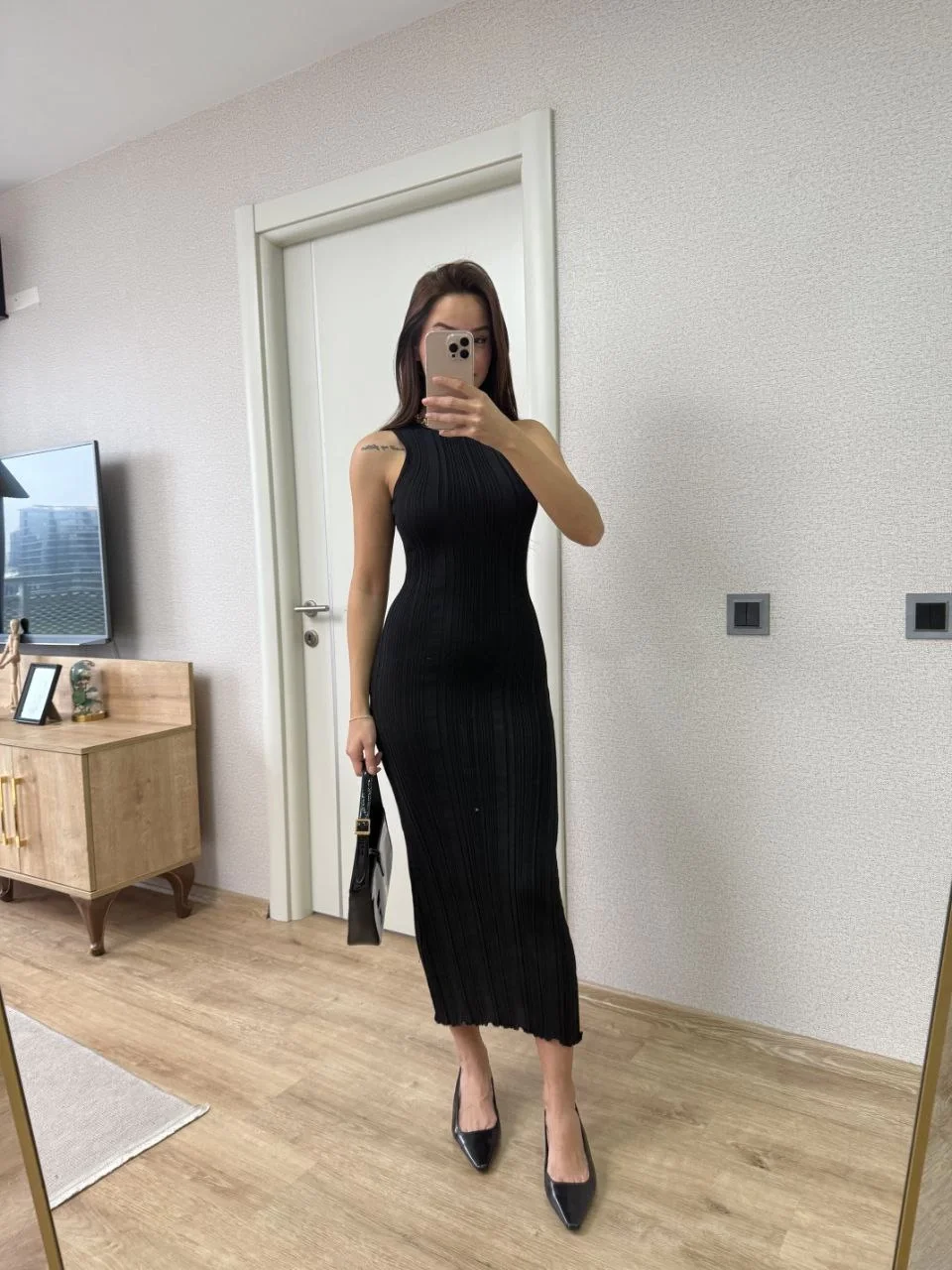 Fitilli Triko Elbise Kolsuz Sırtı Kapalı Maxi Uzun Boy - Siyah - Görsel 5