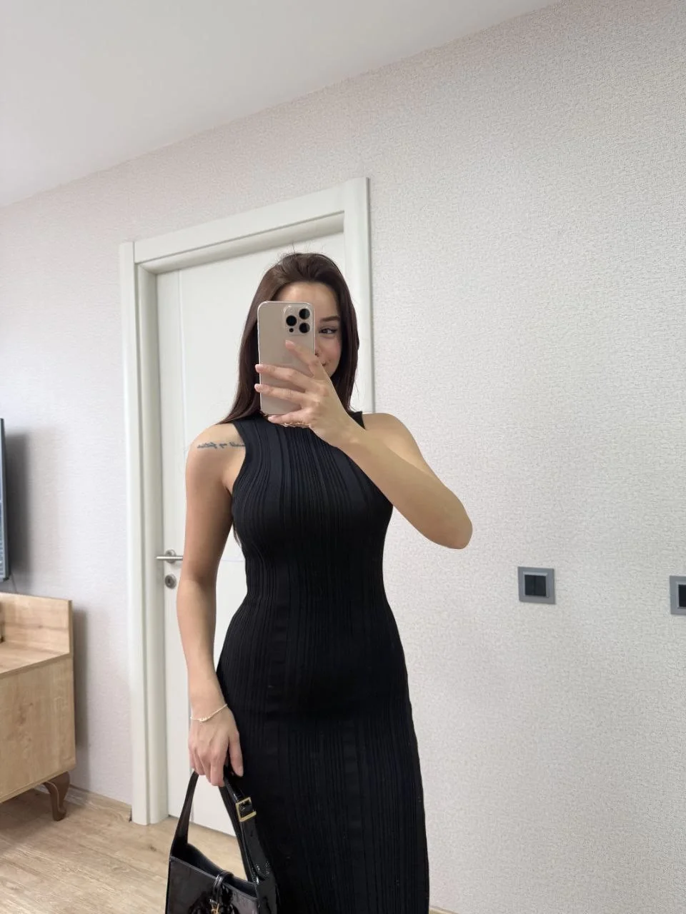 Fitilli Triko Elbise Kolsuz Sırtı Kapalı Maxi Uzun Boy - Siyah - Görsel 2